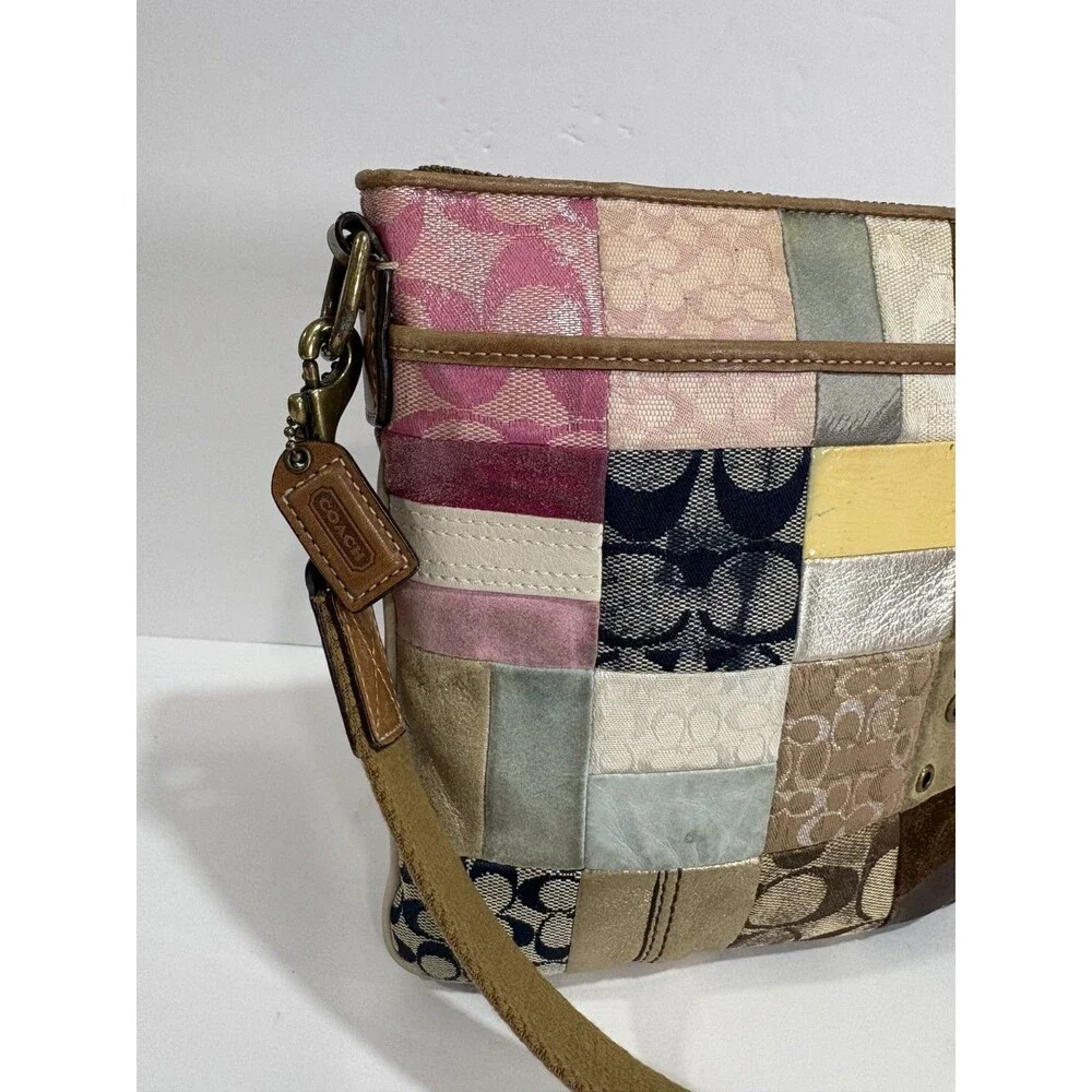 Vtg Coach Signature Patchwork Crossbody Bag Mix Canvas Suede Leather Multicolor